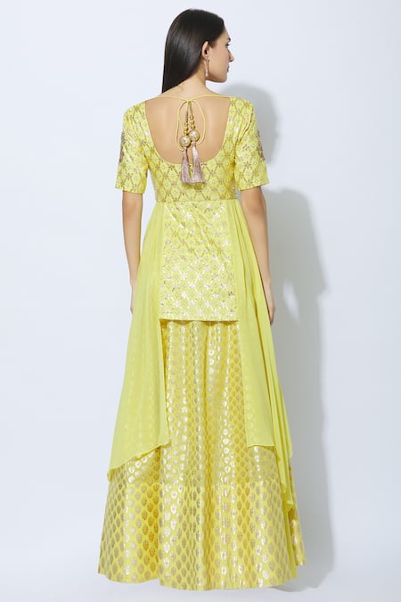 Shop NIDHIKA SHEKHAR Yellow Georgette Round Chanderi Kurta Lehenga Set at Aza Fashions Shop_NIDHIKA SHEKHAR_Yellow Georgette Round Chanderi Kurta Lehenga Set _at_Aza_Fashions