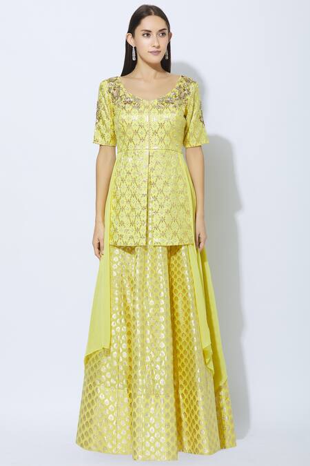 Buy NIDHIKA SHEKHAR Yellow Georgette Round Chanderi Kurta Lehenga Set Online at Aza Fashions Buy_NIDHIKA SHEKHAR_Yellow Georgette Round Chanderi Kurta Lehenga Set _Online_at_Aza_Fashions