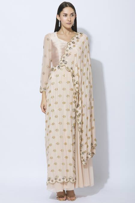 Shop_NIDHIKA SHEKHAR_Peach Silk, Georgette, Shantoon Lining Pre-draped Embellished Anarkali _Online_at_Aza_Fashions