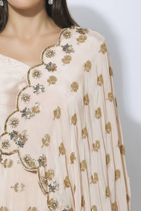 NIDHIKA SHEKHAR_Peach Silk, Georgette, Shantoon Lining Pre-draped Embellished Anarkali _at_Aza_Fashions