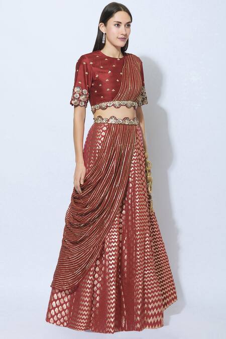 NIDHIKA SHEKHAR_Red Silk, Georgette, Shantoon Lining Round Draped Embroidered Lehenga Set _Online_at_Aza_Fashions