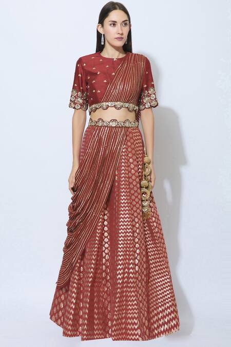 Buy_NIDHIKA SHEKHAR_Red Silk, Georgette, Shantoon Lining Round Draped Embroidered Lehenga Set _Online_at_Aza_Fashions