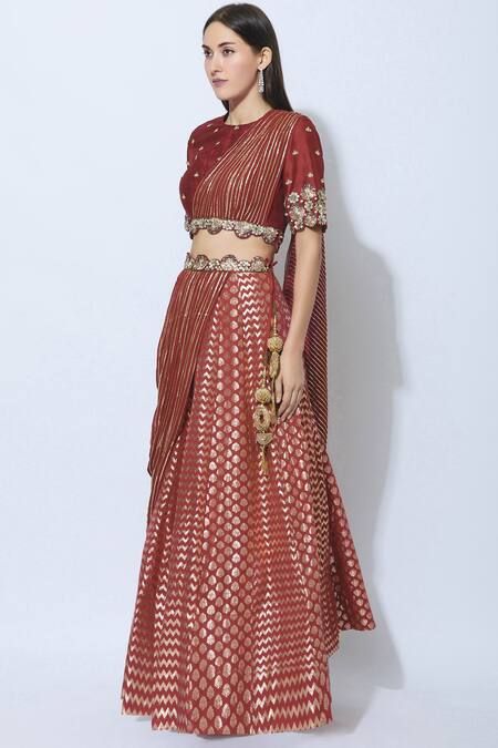 Shop_NIDHIKA SHEKHAR_Red Silk, Georgette, Shantoon Lining Round Draped Embroidered Lehenga Set _Online_at_Aza_Fashions