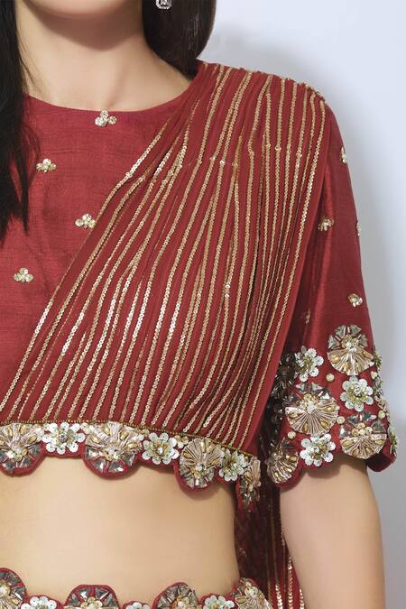 NIDHIKA SHEKHAR_Red Silk, Georgette, Shantoon Lining Round Draped Embroidered Lehenga Set _at_Aza_Fashions