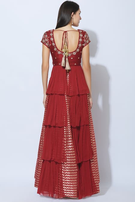 Shop NIDHIKA SHEKHAR Red Silk, Chanderi, Georgette, Shantoon Lining Embroidered Kurta Lehenga Set at Aza Fashions Shop_NIDHIKA SHEKHAR_Red Silk, Chanderi, Georgette, Shantoon Lining Embroidered Kurta Lehenga Set _at_Aza_Fashions