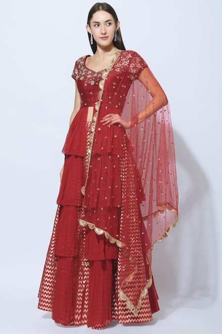 NIDHIKA SHEKHAR Red Silk, Chanderi, Georgette, Shantoon Lining Embroidered Kurta Lehenga Set Online at Aza Fashions NIDHIKA SHEKHAR_Red Silk, Chanderi, Georgette, Shantoon Lining Embroidered Kurta Lehenga Set _Online_at_Aza_Fashions