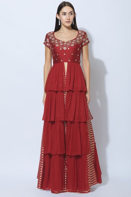 Buy NIDHIKA SHEKHAR Red Silk, Chanderi, Georgette, Shantoon Lining Embroidered Kurta Lehenga Set Online at Aza Fashions Buy_NIDHIKA SHEKHAR_Red Silk, Chanderi, Georgette, Shantoon Lining Embroidered Kurta Lehenga Set _Online_at_Aza_Fashions