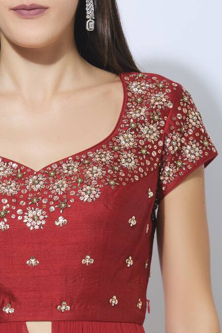 NIDHIKA SHEKHAR Red Silk, Chanderi, Georgette, Shantoon Lining Embroidered Kurta Lehenga Set at Aza Fashions NIDHIKA SHEKHAR_Red Silk, Chanderi, Georgette, Shantoon Lining Embroidered Kurta Lehenga Set _at_Aza_Fashions