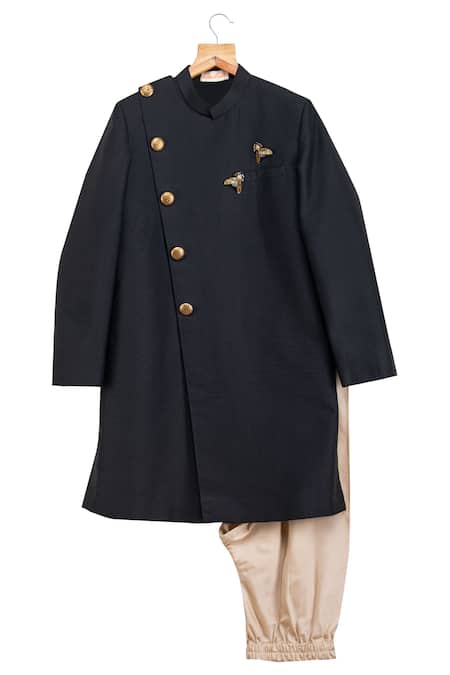 Minikin Beige Cotton, Silk Brooches Sherwani Set 