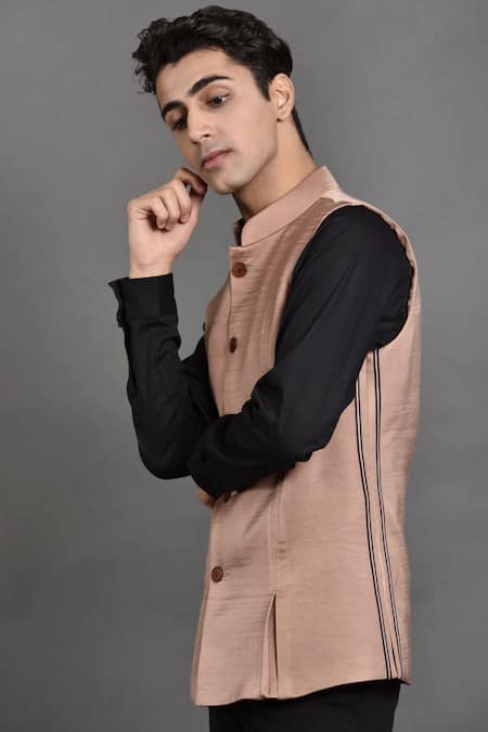 Brown plain jute nehru-jacket - Qalamkari - 3418322