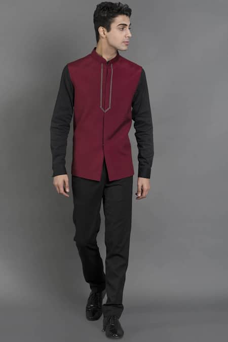 Shop_Seirra Thakur_Maroon Santoon Embroidered Nehru Jacket_at_Aza_Fashions