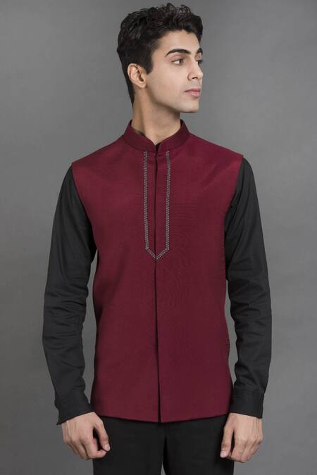 Seirra Thakur_Maroon Santoon Embroidered Nehru Jacket_Online_at_Aza_Fashions