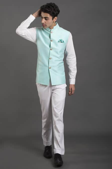 Sea Green Brocade Readymade Nehru Jacket 165012