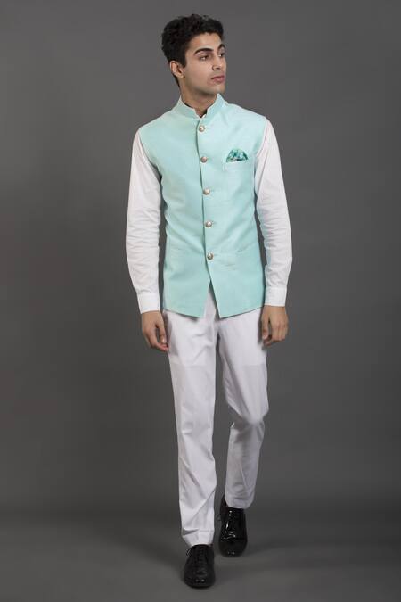 Shop_Seirra Thakur_Blue Raw Silk Button Front Nehru Jacket_at_Aza_Fashions