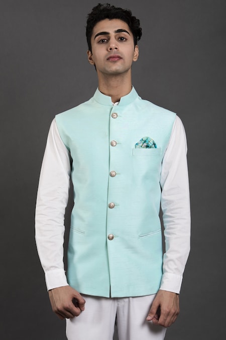 Woven Art Silk Jacquard Nehru Jacket in Light Blue : MEE1886