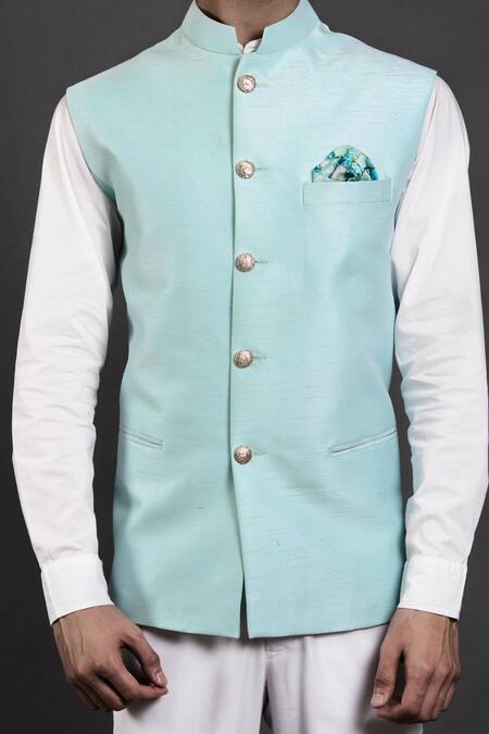 Buy_Seirra Thakur_Blue Raw Silk Button Front Nehru Jacket_Online_at_Aza_Fashions