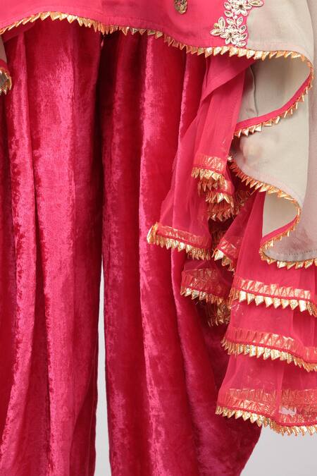 Buy_Nikasha_Red Velvet, Crepe Round Embroidered Kurta Dhoti Pant Set _Online_at_Aza_Fashions