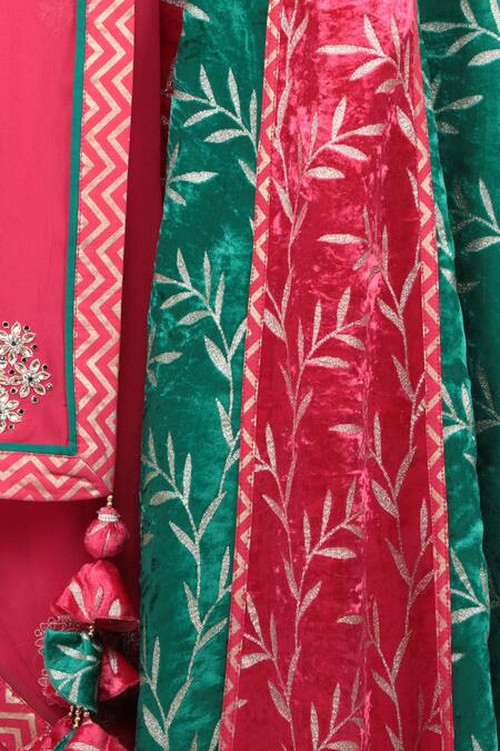 Shop_Nikasha_Red Silk, Velvet, Georgette Round Embellished Lehenga Set _Online_at_Aza_Fashions