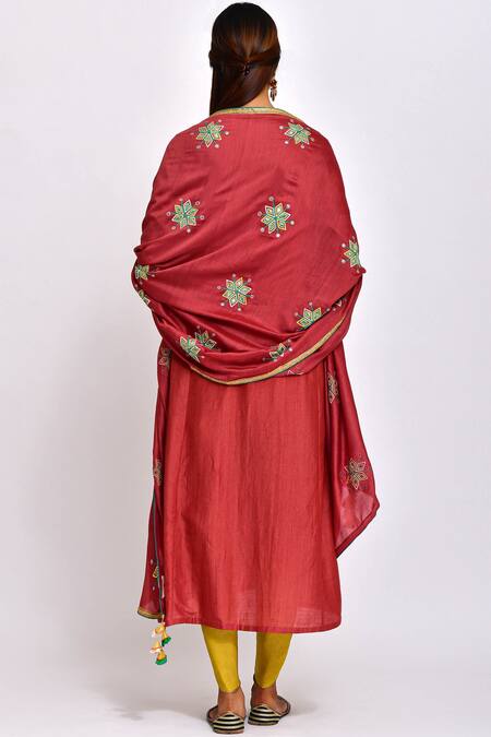 Shop_Swati Vijaivargie_Red Modal Tussar Round Embroidered Kurta Dhoti Pant Set _at_Aza_Fashions