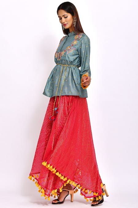 Swati Vijaivargie_Grey Silk Round Chanderi Dress With Jacket _Online_at_Aza_Fashions