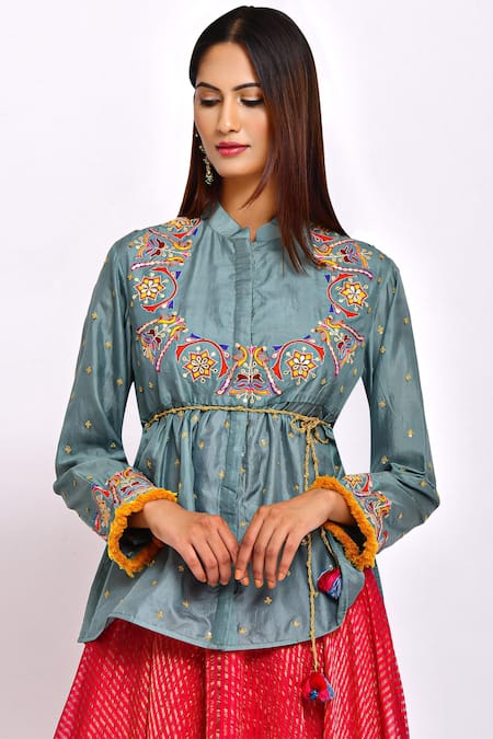 Buy_Swati Vijaivargie_Grey Silk Round Chanderi Dress With Jacket _Online_at_Aza_Fashions