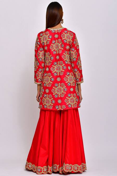 Shop_Swati Vijaivargie_Red Silk Round Kurta Sharara Set _at_Aza_Fashions