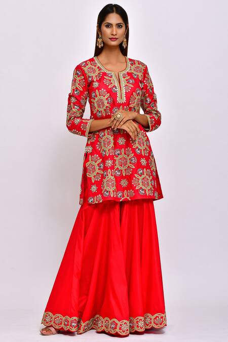 Buy_Swati Vijaivargie_Red Silk Round Kurta Sharara Set _Online_at_Aza_Fashions