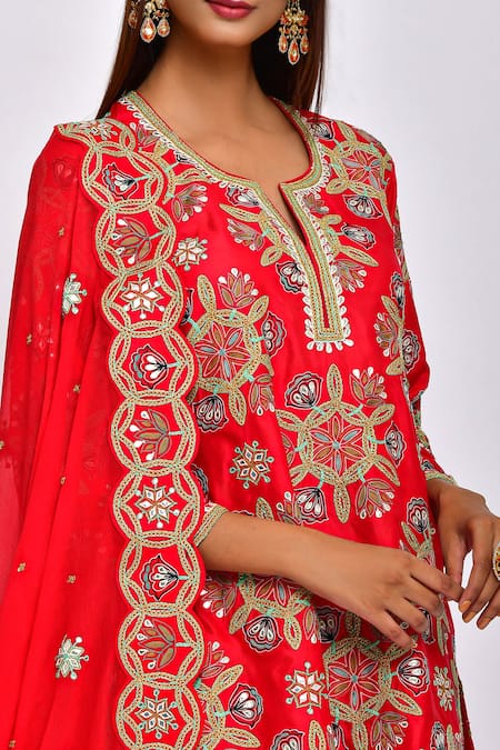 Shop_Swati Vijaivargie_Red Silk Round Kurta Sharara Set _Online_at_Aza_Fashions