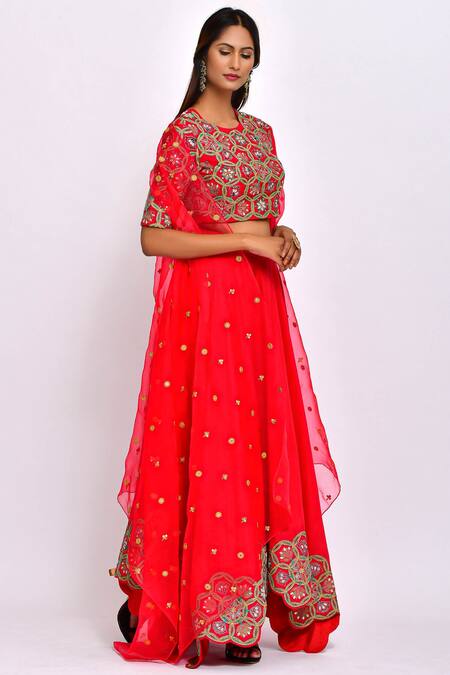 Swati Vijaivargie_Red Silk Round Jacket Lehenga Set _Online_at_Aza_Fashions