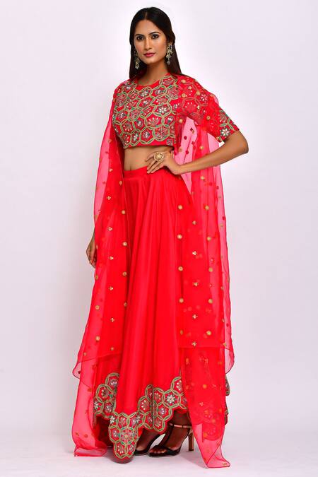 Buy_Swati Vijaivargie_Red Silk Round Jacket Lehenga Set _Online_at_Aza_Fashions
