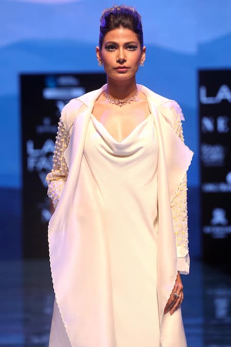 Shop Archana Rao Off White Moroccan Twill Dress Cowl With Embroidered Jacket at Aza Fashions Shop_Archana Rao_Off White Moroccan Twill Dress Cowl With Embroidered Jacket _at_Aza_Fashions