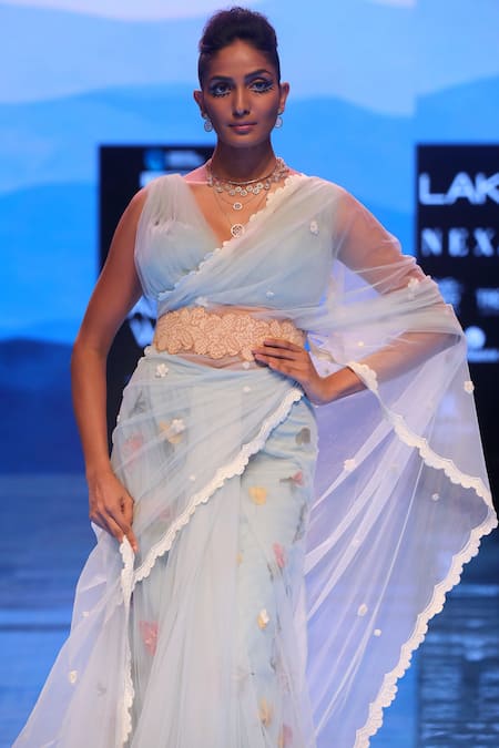 Shop Archana Rao Blue Tulle V-shaped Embroidered Saree With Blouse at Aza Fashions Shop_Archana Rao_Blue Tulle V-shaped Embroidered Saree With Blouse _at_Aza_Fashions