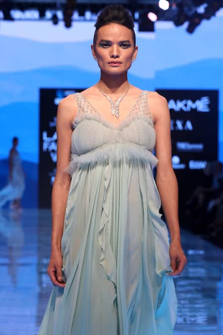 Shop Archana Rao Blue Flat Chiffon V-shaped Ruffled Dress at Aza Fashions Shop_Archana Rao_Blue Flat Chiffon V-shaped Ruffled Dress _at_Aza_Fashions