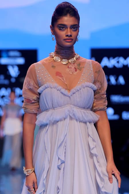 Shop Archana Rao Purple Flat Chiffon Top Turtledress V-shaped Ruffled Dress With at Aza Fashions Shop_Archana Rao_Purple Flat Chiffon Top Turtledress V-shaped Ruffled Dress With _at_Aza_Fashions