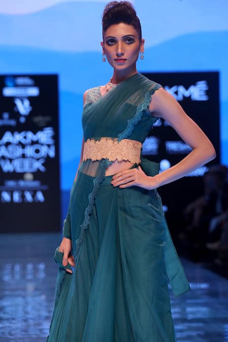 Shop_Archana Rao_Blue Tulle V-shaped Ruffled Lehenga Saree With Blouse  _at_Aza_Fashions