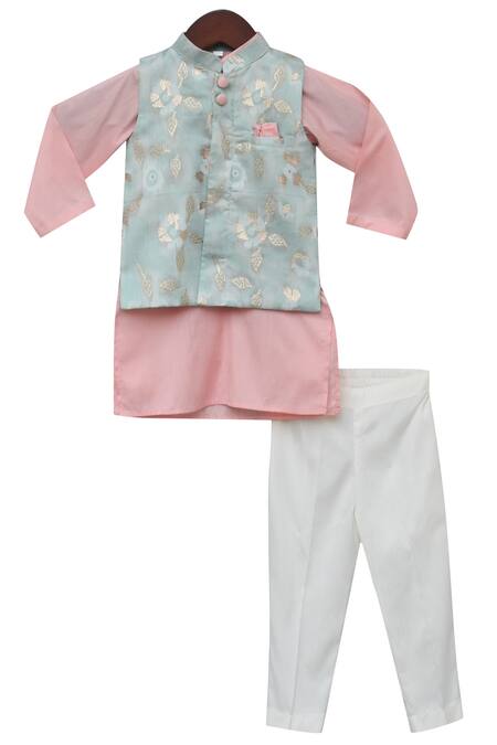 Fayon Kids_Blue Chanderi Brocade Bundi Kurta Set _Online_at_Aza_Fashions