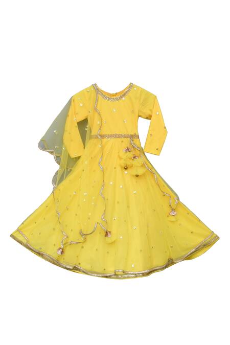 Fayon Kids_Yellow Net Sequins, Tassels Embellished Draped Anarkali  _Online_at_Aza_Fashions