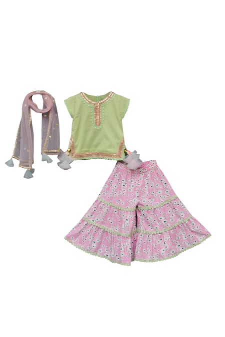 Fayon Kids_Green , Satin Sequins, Tassels Printed Kurta Sharara Set _Online_at_Aza_Fashions