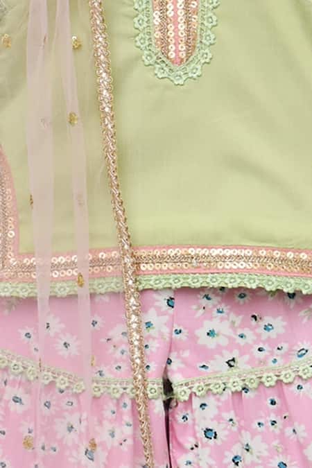 Buy_Fayon Kids_Green , Satin Sequins, Tassels Printed Kurta Sharara Set _Online_at_Aza_Fashions