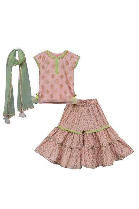 Fayon Kids_Peach Chanderi Kurta Sharara Set _Online_at_Aza_Fashions