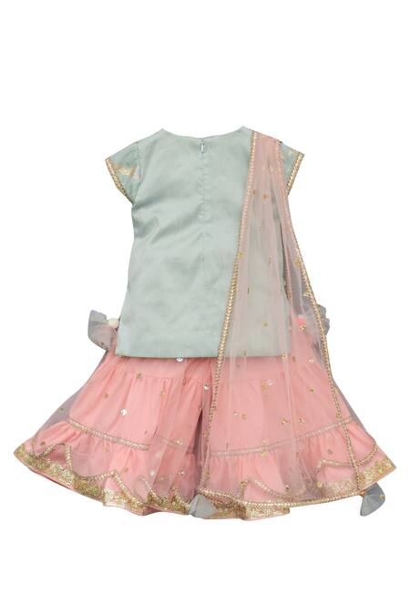 Shop Fayon Kids Blue Chanderi Brocade Kurta Sharara Set at Aza Fashions Shop_Fayon Kids_Blue Chanderi Brocade Kurta Sharara Set _at_Aza_Fashions