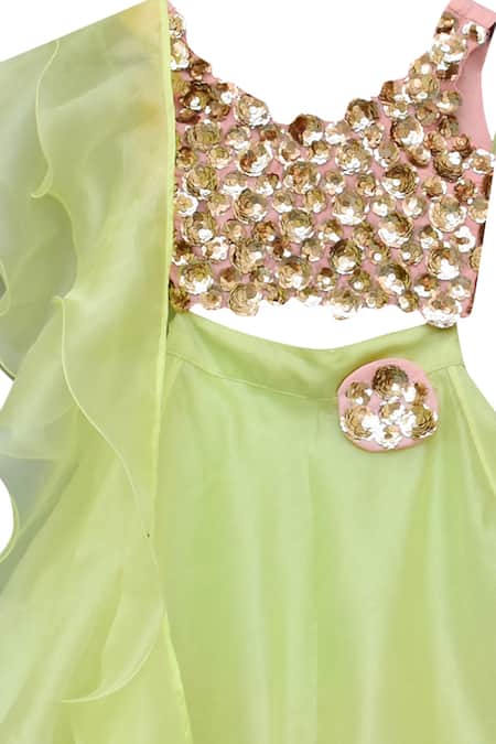 Fayon Kids Green Cotton, Organza Sequins, Cut Work Embroidered Lehenga Set Online at Aza Fashions Fayon Kids_Green Cotton, Organza Sequins, Cut Work Embroidered Lehenga Set _Online_at_Aza_Fashions