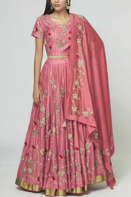 Prama By Pratima Pandey Pink Silk Chanderi Round Lehenga Set 