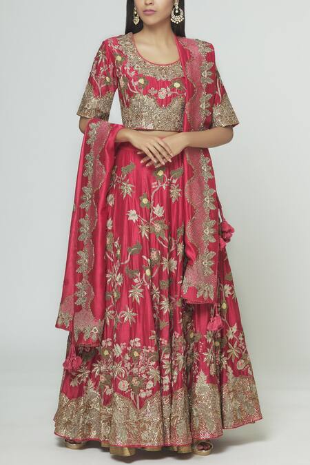 Prama By Pratima Pandey Red Silk Chanderi Round Lehenga Set 