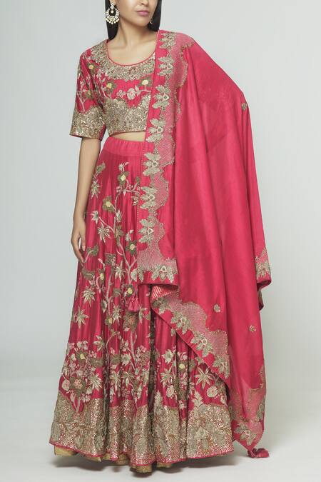 Prama By Pratima Pandey Red Silk Chanderi Round Lehenga Set Online at Aza Fashions Prama By Pratima Pandey_Red Silk Chanderi Round Lehenga Set _Online_at_Aza_Fashions