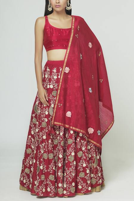Prama By Pratima Pandey_Red Silk Chanderi Round Lehenga Set _Online_at_Aza_Fashions