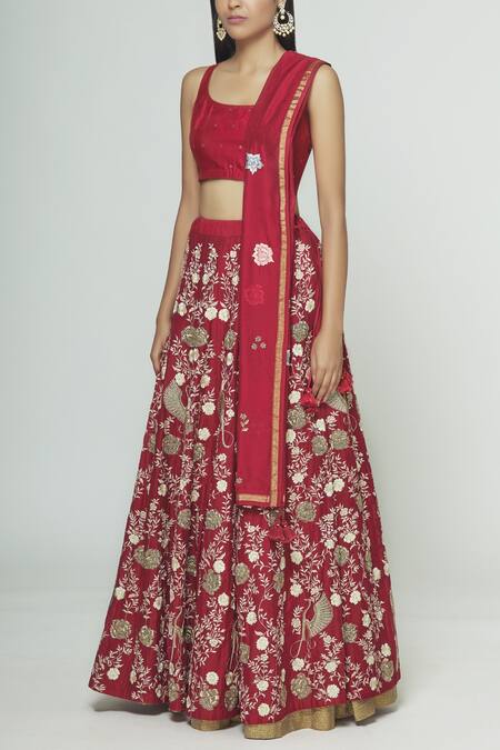 Buy_Prama By Pratima Pandey_Red Silk Chanderi Round Lehenga Set _Online_at_Aza_Fashions