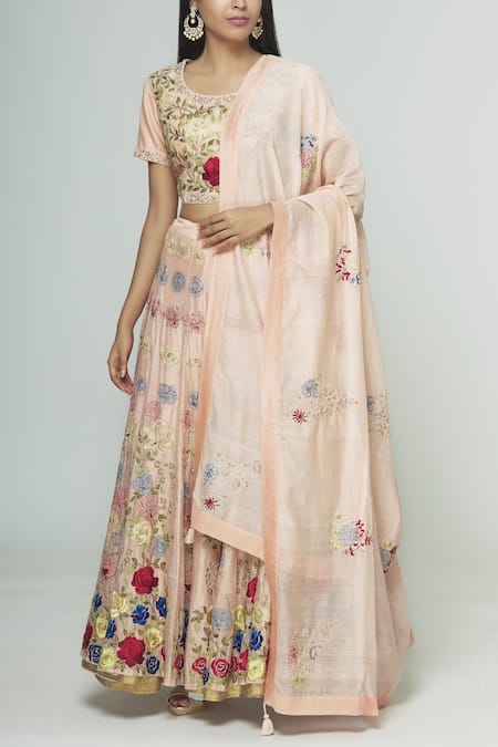 Prama By Pratima Pandey Peach Silk Chanderi Round Lehenga Set 