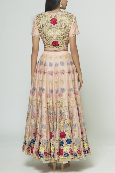Shop Prama By Pratima Pandey Peach Silk Chanderi Round Lehenga Set at Aza Fashions Shop_Prama By Pratima Pandey_Peach Silk Chanderi Round Lehenga Set _at_Aza_Fashions