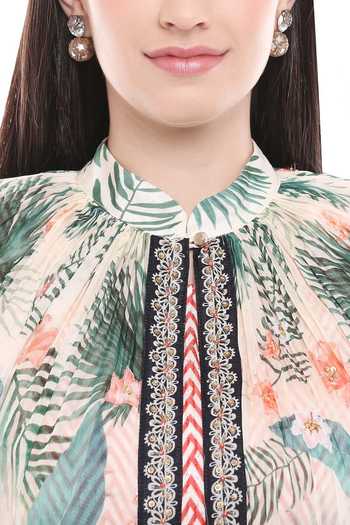 Shop_Soup By Sougat Paul_Red Flat Chiffon Jumpsuit Round Cape Mandarin Collar Printed With _Online_at_Aza_Fashions